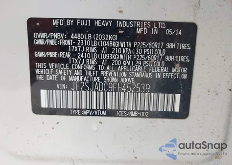 2015 Subaru Forester 2.5I Premium z USA, uszkodzony, nr VIN JF2SJADC9FH452539